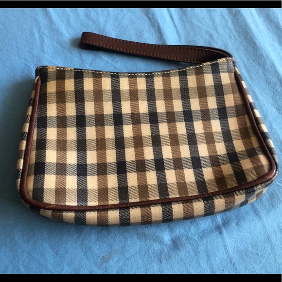 authentic Aquascutum of London check wristlet brown leather mini purse bag Italy - Picture 3 of 9
